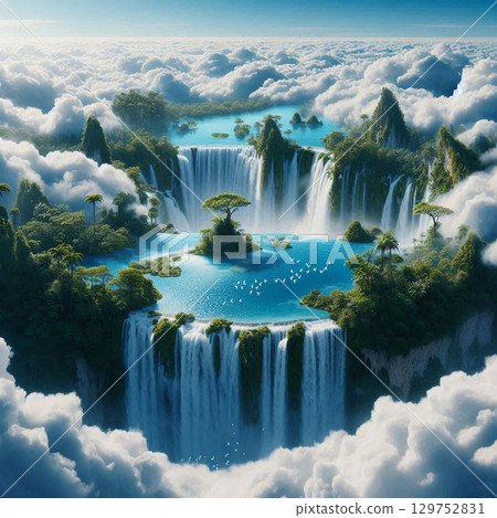 A crystal clear waterfall stretching into the sky 129752831