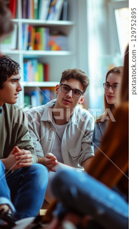 Group of young people having a discussion in a cozy library 129752895