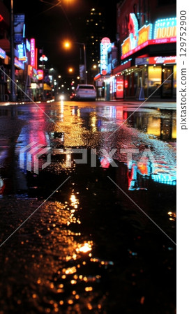Empty neon-lit city street at night after rain 129752900