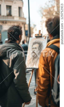 Street artist drawing a portrait with onlookers observing 129752913