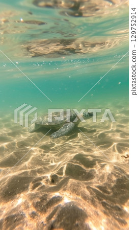 Sea turtle swimming in crystal-clear shallow waters 129752914