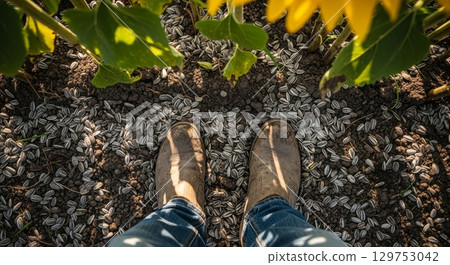 Person Standing Among Scattered Sunflower Seeds in Agricultural Field 129753042