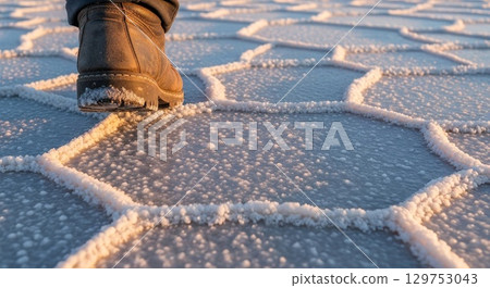 Person walking on salt flats with hexagonal salt crystal formations 129753043
