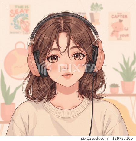 可愛的女孩耳機 129753109