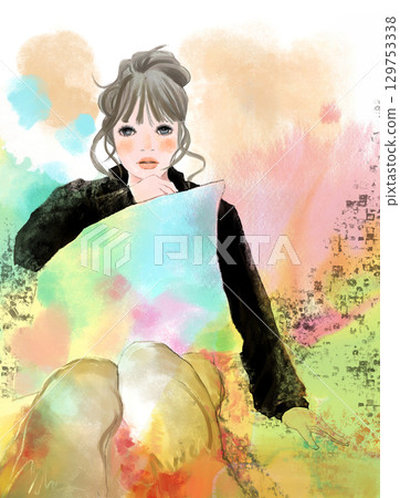 A girl sitting with a cushion A girl sitting with a cushion 129753338