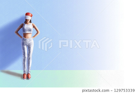 a woman standing against a wall a woman standing against a wall 129753339