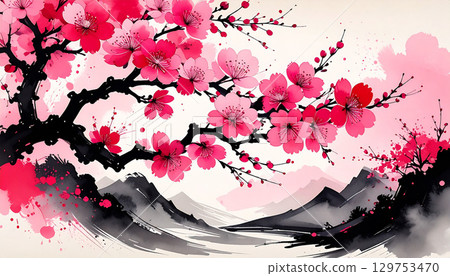 日式櫻花山景水彩畫 129753470