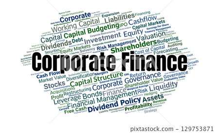 Corporate Finance Word Cloud. Key Concepts On Capital, Equity, Debt, Valuation, Investment, Risk, Return, Governance, And Strategic Financial Decision Making. Corporate Finance Word Cloud. Key Concepts On Capital, Equity, Debt, Valuation, Investment, Risk, Return, Governance, And Strategic Financial Decision Making. 129753871