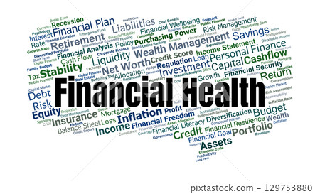 Financial Health Word Cloud. Key Concepts On Income, Debt, Savings, Budgeting, Investment, And Wealth Management For Economic Stability And Long Term Security. Financial Health Word Cloud. Key Concepts On Income, Debt, Savings, Budgeting, Investment, And Wealth Management For Economic Stability And Long Term Security. 129753880