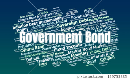 Government Bond Word Cloud. Key Financial And Economic Terms On Sovereign Debt, Fiscal Policy, Monetary Dynamics, Risk, Yield, And Capital Markets. 129753885