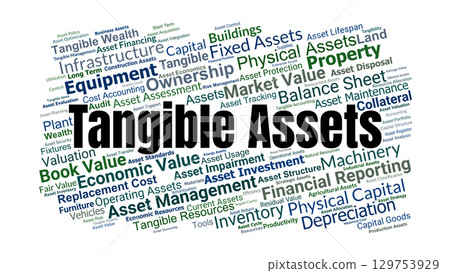 Tangible Assets Word Cloud. Key Concepts On Property, Equipment, Valuation, Ownership, Depreciation, And Financial Reporting In Accounting And Business Management. 129753929