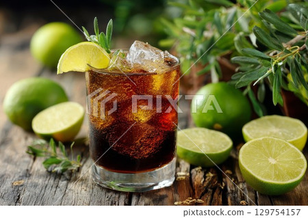 Chilled lime drink with orange garnish. Perfect for tropical summer cocktails, this icy glass offers fresh citrus taste. Suitable for bar or vacation vibes. 129754157