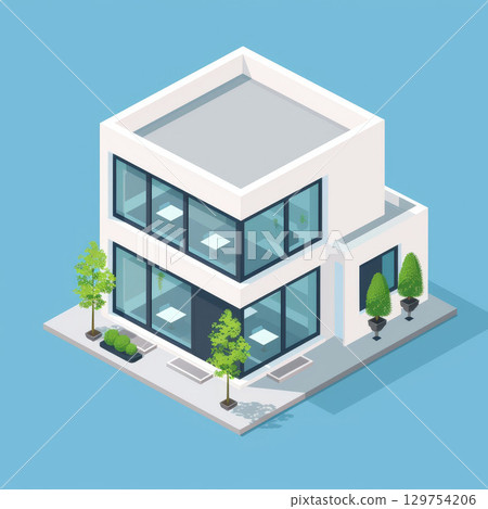 Isometric modern office, two floors, white walls, glass, front garden, blue background. Interior design offers bold flair. 129754206