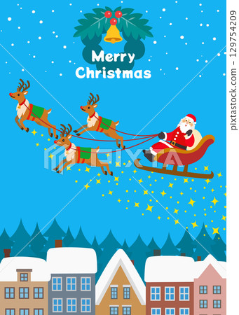 聖誕素材：馴鹿和聖誕老人穿越白雪皚皚的小鎮。閃閃發光。 129754209