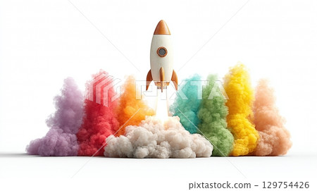 Colorful Rocket Launch with Vibrant Smoke Plumes in a White Background Setting 129754426