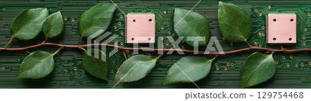 Nature Meets Technology: Green Leaves and Microchips on Circuit Board Background 129754468