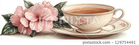 Delicate Tea Cup with Pink Flower and Tea on White Background for Elegant Dining Decor Delicate Tea Cup with Pink Flower and Tea on White Background for Elegant Dining Decor 129754491