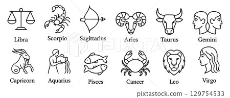 Set of Black outline of zodiac signs - libra scorpio sagittarius aries, taurus, gemini, capricorn, aquarius, pisces, cancer, leo, virgo. astrology, horoscope. black icons on white background Set of Black outline of zodiac signs - libra scorpio sagittarius aries, taurus, gemini, capricorn, aquarius, pisces, cancer, leo, virgo. astrology, horoscope. black icons on white background 129754533