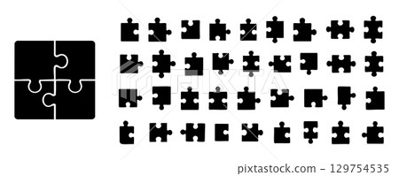Black puzzle pieces and set arrangement, illustration. concept of problem solving, brain teaser, jigsaw, game, logic, icon, isolated design creativity, white background 129754535
