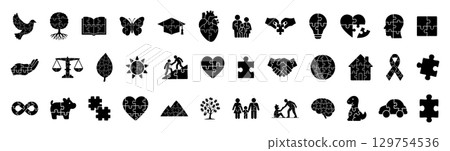 Black silhouette puzzle set with diverse icons, including peace dove, handshake, butterfly, family and other, isolated on white background. concept of unity, education, peace, cooperation, puzzle. Black silhouette puzzle set with diverse icons, including peace dove, handshake, butterfly, family and other, isolated on white background. concept of unity, education, peace, cooperation, puzzle. 129754536