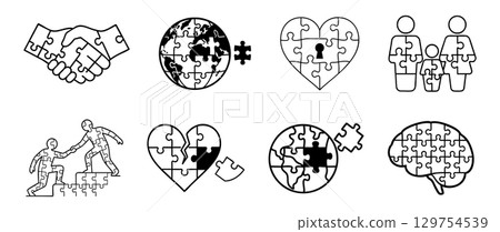 Black outline of puzzle piece icons set featuring earth, heart, family, brain on white background. concept of unity, connection, teamwork, compassion, global understanding, support. 129754539