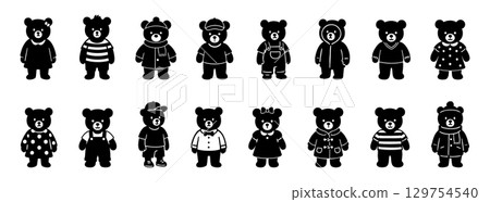 Set of different toy bears, black silhouettes isolated on white background. concept of cute stuffed animal collection, playful designs, icons, logos, kids toys. Set of different toy bears, black silhouettes isolated on white background. concept of cute stuffed animal collection, playful designs, icons, logos, kids toys. 129754540