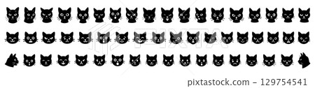 Set of black silhouette cat faces with various emotions isolated on white background. Concept of pet icon, feline expression, cute kitty face collection, animal expressions, cartoon design elements. Set of black silhouette cat faces with various emotions isolated on white background. Concept of pet icon, feline expression, cute kitty face collection, animal expressions, cartoon design elements. 129754541