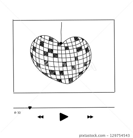 Disco ball heart shape cover play list, player interface hand drawn doodle illustration. Love music, romantic simple icon.  129754543