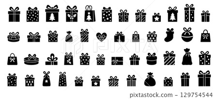 Set of Black silhouette of various Christmas gift boxes with bows isolated on white background. concept of present, gifting, celebration, festive decor, holiday season, logo, design element. 129754544