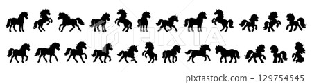 Set of black silhouette pony and horse figures, illustration isolated on white background. concept of equine, animal, pet, design element, icon, logo creation, kids art. Set of black silhouette pony and horse figures, illustration isolated on white background. concept of equine, animal, pet, design element, icon, logo creation, kids art. 129754545