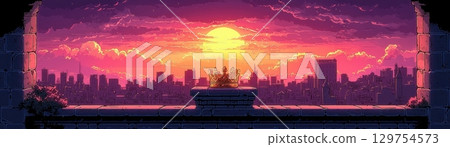 Epic Sunset Over Urban Skyline with Vibrant Colors and Majestic Clouds in a Dreamlike Style 129754573