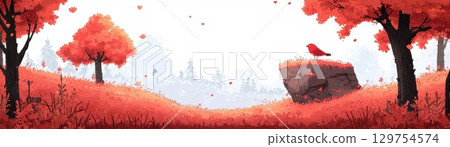 Vibrant Autumn Landscape with Red Trees, Stone, and a Bird Against a Soft Background 129754574