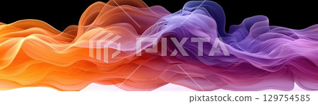 Colorful Abstract Waves of Fluid Smoke in Orange and Purple on Black Background 129754585