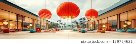 Modern outdoor lounge area with colorful lanterns and stylish furniture in serene environment 129754621