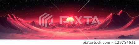Vibrant Surreal Landscape with Red Sunrise and Majestic Mountains Under Starry Sky 129754631