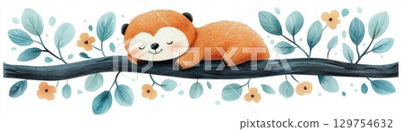 Adorable cartoon sloth resting on a branch surrounded by flowers and leaves in a cute design 129754632