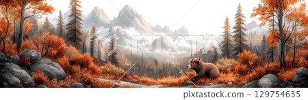 Bear in Autumn Forest Surrounded by Mountain Peaks and Colorful Foliage in Golden Light 129754635