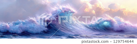 Surreal Waves with Colorful Swirls and Soft Clouds in Dreamy Seascape 129754644