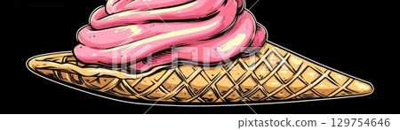 Colorful Swirl Ice Cream in Waffle Cone Against Dark Background 129754646