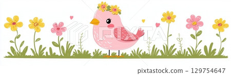 Cute Pink Bird with Floral Crown Surrounded by Colorful Flowers and Green Grass Landscape 129754647