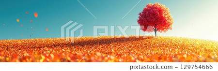 Stunning Autumn Landscape with Vibrant Red Tree Surrounded by Golden Leaves Under Blue Sky 129754666