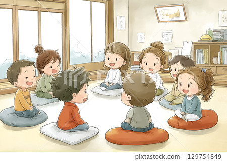 School trip and overnight stay where children sit on futons and chat at a ryokan 129754849