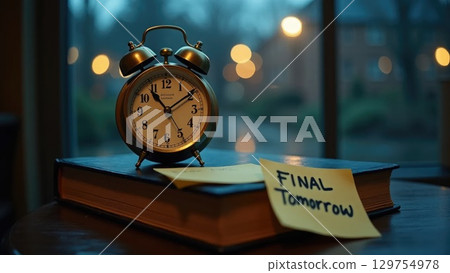 University Stress: Antique Alarm Clock on Calculus Book with Final Exam Note University Stress: Antique Alarm Clock on Calculus Book with Final Exam Note 129754978