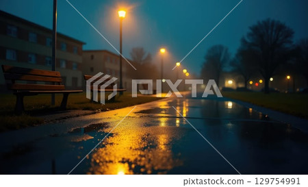 Night Rain Schoolyard with Lamp Reflections in Puddles and Lonely Bench 129754991