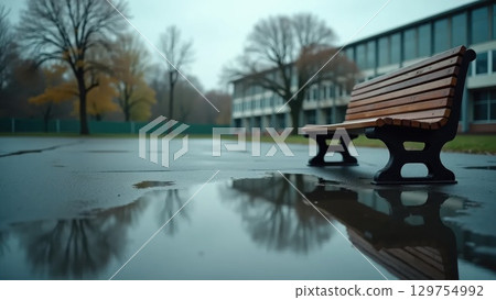 Empty Schoolyard After Rain with Flag Reflection in Puddle and Overturned Bench 129754992