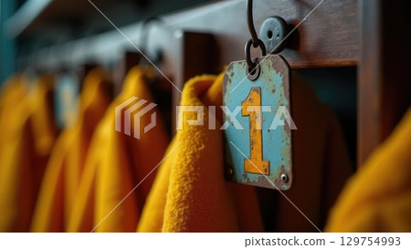 Vintage Soviet Coat Check Tag on Wooden Hanger - School Memories Macro Shot Vintage Soviet Coat Check Tag on Wooden Hanger - School Memories Macro Shot 129754993