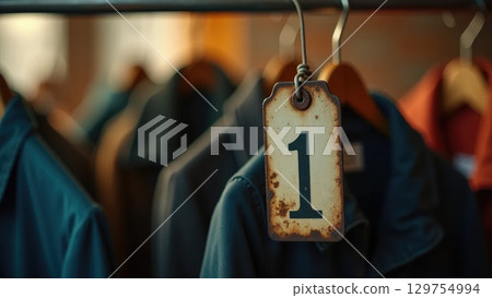 Vintage Metal Coat Check Tag on Hanger with Blurred Coats, Back-to-School Symbolism 129754994