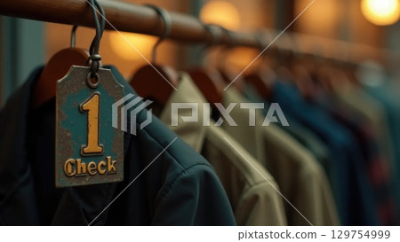 Vintage Metal Coat Check Tag on Hanger with Blurred Coats, Back-to-School Symbolism 129754999