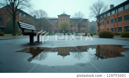 Empty Schoolyard After Rain with Flag Reflection in Puddle and Overturned Bench Empty Schoolyard After Rain with Flag Reflection in Puddle and Overturned Bench 129755001