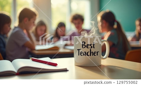 Teacher's Mug and Planner Overhead During Busy School Break 129755002
